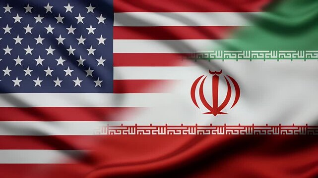 Waving fabric textures of the united states and the islamic republic of iran national flags combined together in a textured background for diplomatic political concepts