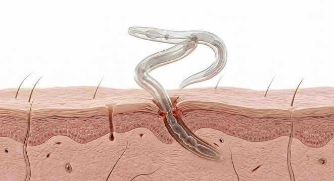 3D Scientific Render of a Parasitic Worm Larva Penetrating Human Skin Layers