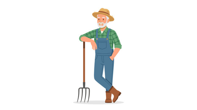 Smiling elderly farmer with straw hat and overalls leaning on pitchfork on white background