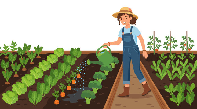 Woman farmer watering vegetables in a garden with lettuce carrots broccoli and tomatoes