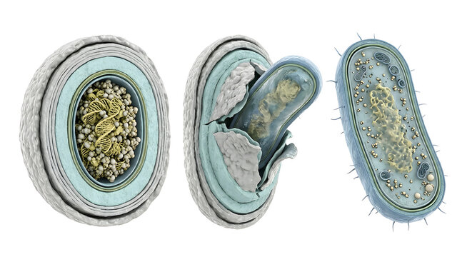 Highly Detailed 3D Render of Bacterial Endospore Germination and Active Cell Anatomy