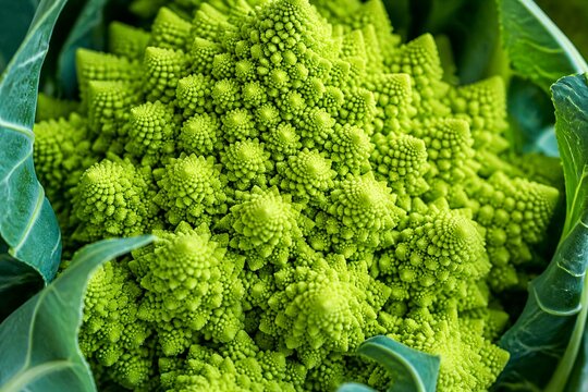 Romanesco cauliflower displaying fractal florets with leaves