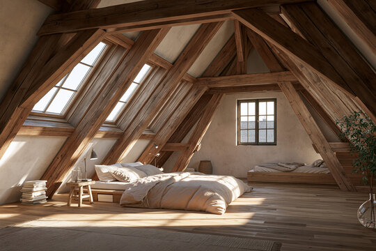 Cozy attic bedroom with exposed wooden beams and natural light under a sloped ceiling
