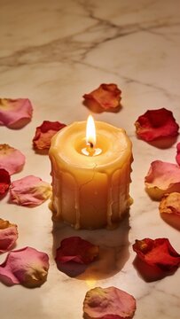 candle surrounded by dried rose petals on marble surface, warm flame glow, serene and cozy atmosphere, detailed wax texture, negative space at the top