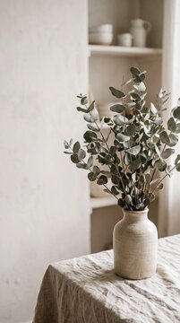dried eucalyptus in a ceramic vase on linen fabric, soft neutral tones and gentle shadows, minimalist cozy aesthetic, negative space on the left