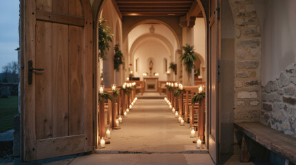 Obraz premium Open wooden church door revealing an illuminated interior. Candlelit aisle with pews for a wedding or religious ceremony