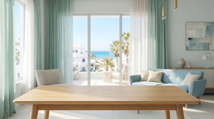 Fototapeta premium Modern wooden table surface in airy living room with beach balcony view background for product presentation display.
