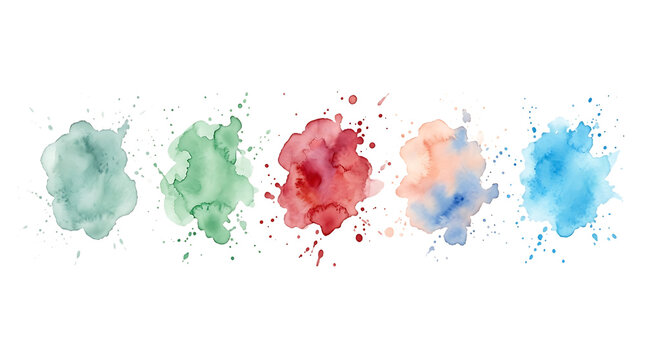 Five colorful watercolor paint splashes arranged in a horizontal row featuring shades of blue, green, red, and orange on a white background, png. ai generated isolated on a transparent background