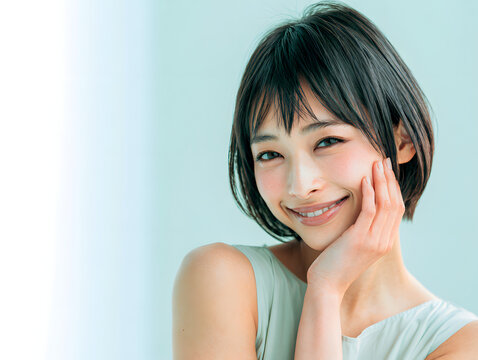 淡いミントホワイトカラー背景で頬に手を添えて穏やかに微笑むショートボブの若い日本人女性の清潔感あるスキンケア美容ポートレート