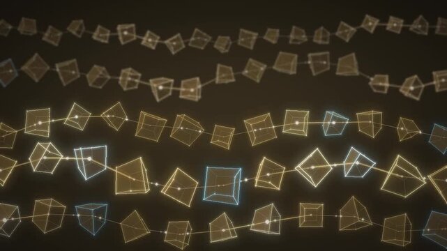 Blockchain cubes glowing wireframe blocks linked in a digital data network seamless loop in cool gold tones