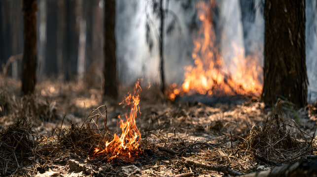 Kleiner Bodenbrand im trockenen Wald als Waldbrandbeginn
