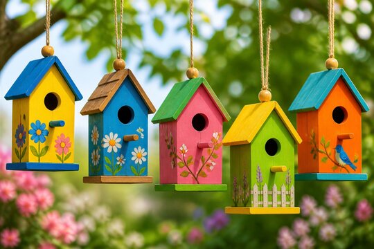 Small decorative bird houses suspended in garden foliage