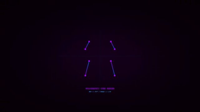 A futuristic digital interface displays an interactive hologram projection of a rotating wireframe cube with cyan and purple geometric vectors on a dark background.