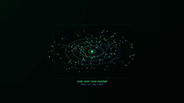 This modern interactive hologram projection displays a complex lidar point cloud of floating particles and rotating orbits on a dark screen for advanced scientific data visualization.