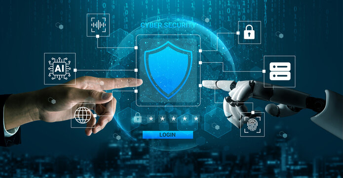 A striking representation of cybersecurity featuring human and robotic hands pointing at a digital security interface surrounded by technology elements, emphasizing protection and innovation. Ledger