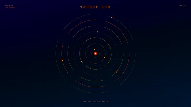 This dark digital interface shows an interactive hologram projection featuring orbital rings and moving target markers within a sophisticated futuristic space tracking head up display system.