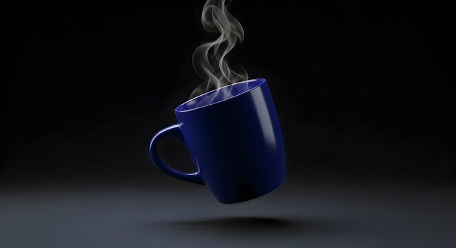A floating blue mug releasing steam against a dark background