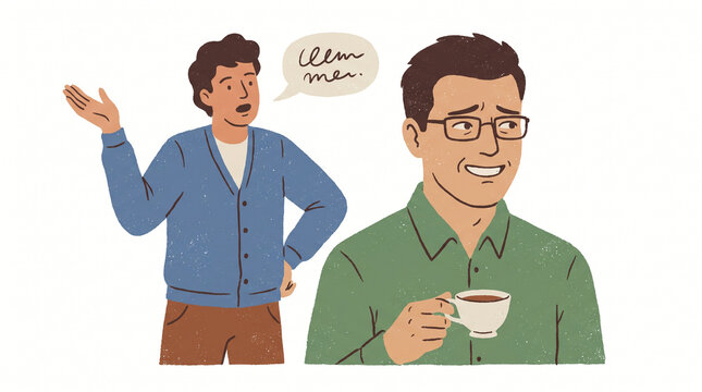 Man drinking tea listening to annoying talking colleague vector