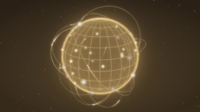 Rotating wireframe globe with glowing global network connection arcs seamless loop in cool gold tones