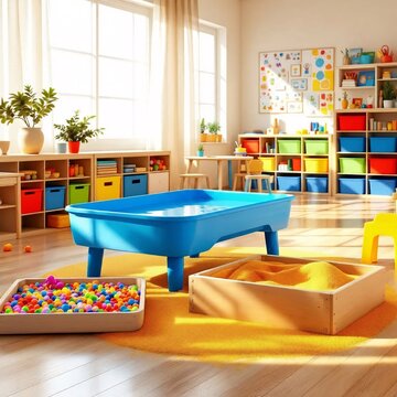 Colorful children's playroom with foam pit and storage bins. Bright, cheerful nursery for kids' activities and learning.