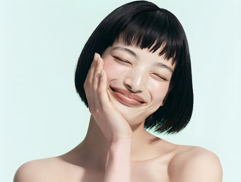 淡いミントホワイトカラー背景で頬に手を添えて穏やかに微笑むショートボブの若い日本人女性の清潔感あるスキンケア美容ポートレート