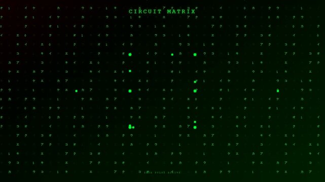 Interactive hologram projection displays green digital code streams falling down a dark screen creating a sense of high tech data processing and complex cyber networking