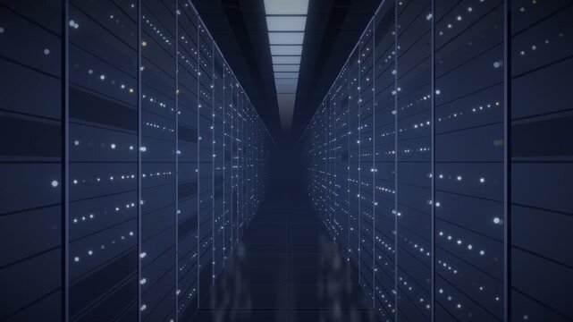 Data center server racks aisle with blinking LED status lights seamless loop in subtle blue tones