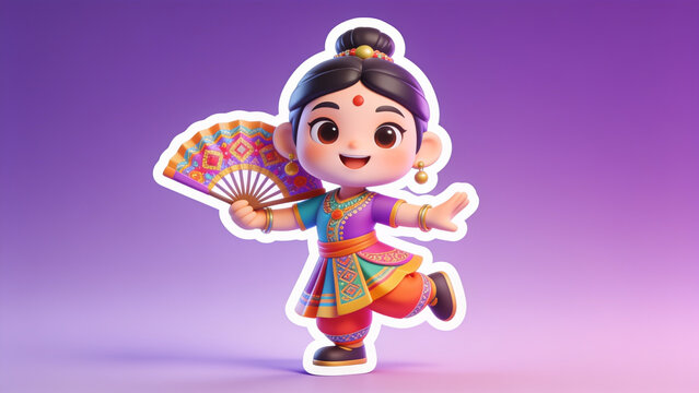 Cheerful cartoon girl in traditional Indian dance pose with colorful outfit