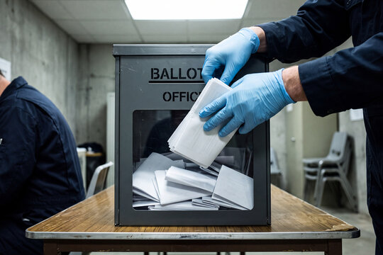 Gloved Hands Clandestinely Sliding Fraudulent Ballots Into a Sealed Election Box