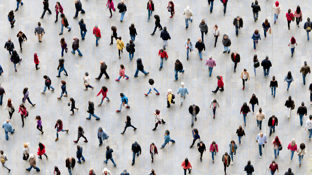 A detailed high-angle shot of a range of people walking in an urban area
