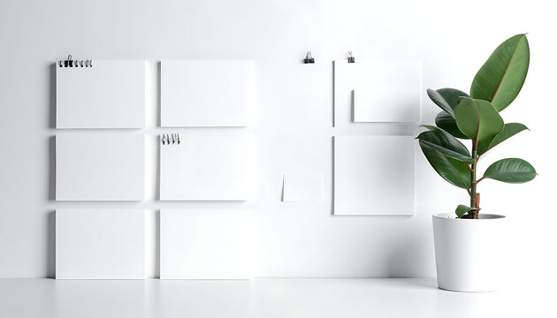 Blank white cards arranged on a wall next to a potted green plant, mockup for notes or planning
