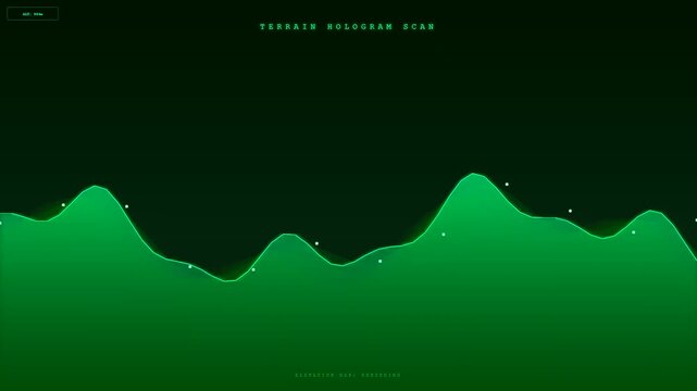 This futuristic interactive hologram projection displays a green digital terrain scan with undulating topographical lines and data points moving across a dark technical user interface screen.