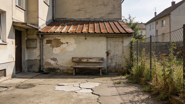 Old weathered concrete bench in a neglected urban courtyard with peeling walls