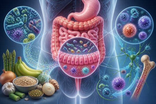 Human gut microbiota interacting with digestive tract and food