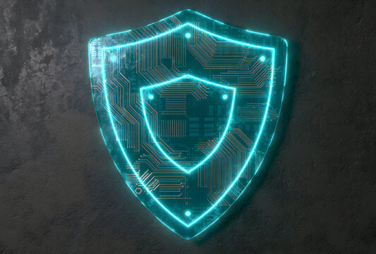 3D rendering of a glowing neon security shield icon featuring integrated circuit patterns to symbolize advanced digital protection and network safety, laid out against a clear background.