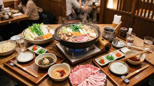Authentic Japanese Shabu-shabu Hot Pot Dinner with Fresh Ingredients and Sliced Meats in a Traditional Restaurant Setting