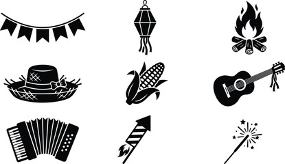 Naklejka premium Festa Junina Brazilian June Festival Silhouette Vector Set with Accordion, Straw Hat, Bonfire, Corn, Guitar, Lantern, and Bunting Flags Graphic Symbols