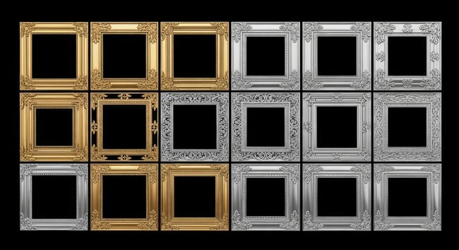 Collection of ornate gold and silver picture frames.