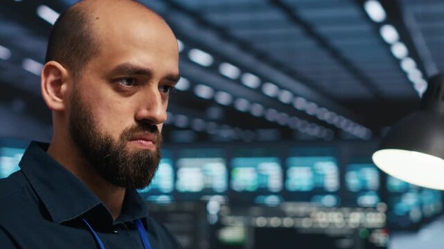 Programmer works in a server farm to protect data from intruding hackers and ransomware attacks while securing server rows against unauthorized access.
