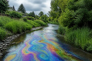 Obraz premium River showing oil rainbow sheen flowing through park