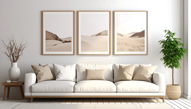 Cozy living room interior with a white sofa, decorative pillows, and triptych desert landscape art on a wall, plants and a side table, serene atmosphere