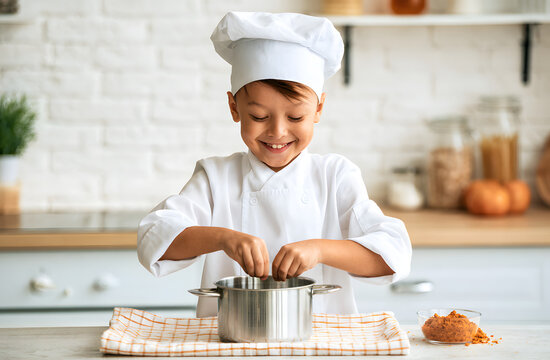 Young student wears a chef uniform, learning to cook in the school kitchen. He smiles as he prepares food in a pot, adding ingredients for a meal. The future chef masters culinary skills.