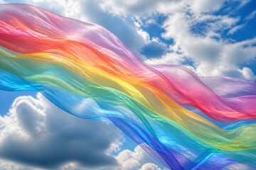 Obraz premium Rainbow fabric ribbon flowing across cloudy blue sky