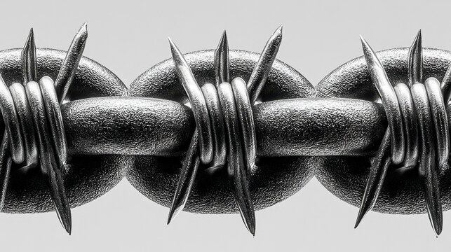 isolated black and white barbed wire chain with sharp metal spikes