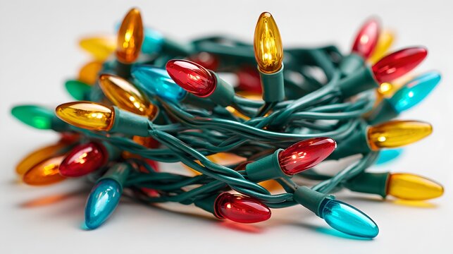 A close-up shot of a tangled string of colorful Christmas lights, ready to illuminate a festive occasion