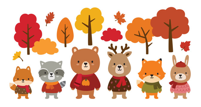 Cute woodland animals in fall season vector illustration set featuring a bear, deer, fox, rabbit, raccoon, and squirrel dressed in autumn sweaters and scarves complemented by fall foliage and trees.