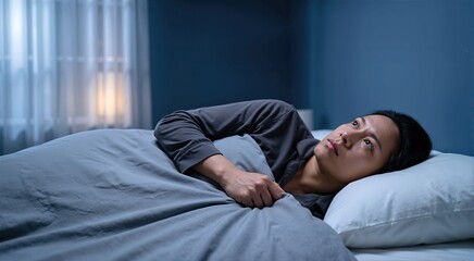 Obraz premium Anxious woman lying awake in bed at night. Sleepless adult staring upward with worried expression. Insomnia and mental health concept