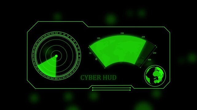 Cyber hud interface with green radar scope and map projection for futuristic data monitoring and tactical surveillance system visualization