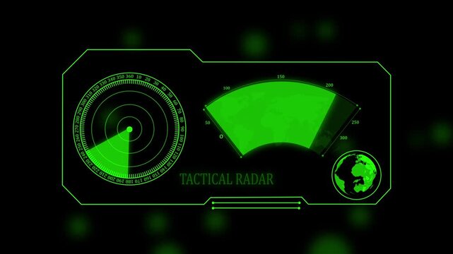 Tactical radar display with green neon circular scanner and map sector view for military surveillance on a dark background with light dots