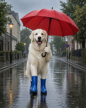 Hund mit Regenschirm und Gummistiefel